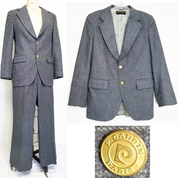 Pierre Cardin Paris Mens Vintage 1970s Grey Striped Wool...
